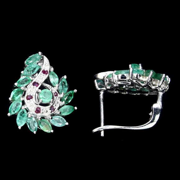 Heated 7 x 9 mm. Red Ruby & Green Emerald Earrings 925  Rich Green Emerald and  Ruby 925 Silver Earrings real earth mined gems